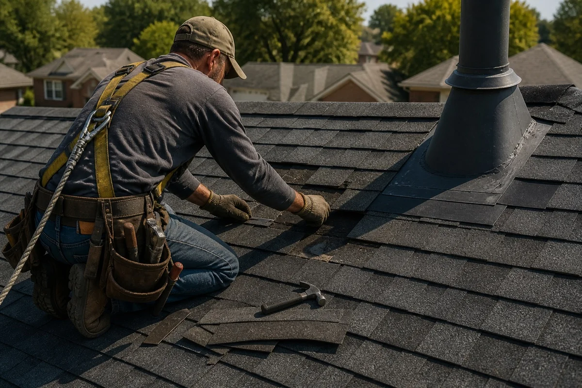 Roofing specialist completing a residential roof repair